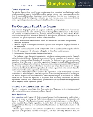 Control Implications
The real-time features of the payroll system provide many of the operational benefits discussed earlier,
including reductions in paper, clerical labor, and the lag time between event occurrence and recording
them. As mentioned before, these features carry control implications. Computer-based systems must pro-
duce adequate records for independent verification and audit purposes. Also, controls must be imple-
mented to protect against unauthorized access to data files and computer programs.
The Conceptual Fixed Asset System
Fixed assets are the property, plant, and equipment used in the operation of a business. These are rela-
tively permanent items that often collectively represent the largest financial investment by the organiza-
tion. Examples of fixed assets include land, buildings, furniture, machinery, and motor vehicles. A firm’s
fixed asset system processes transactions pertaining to the acquisition, maintenance, and disposal of its
fixed assets. The specific objectives of the fixed asset system are to:
1. Process the acquisition of fixed assets as needed and in accordance with formal management ap-
proval and procedures.
2. Maintain adequate accounting records of asset acquisition, cost, description, and physical location in
the organization.
3. Maintain accurate depreciation records for depreciable assets in accordance with acceptable methods.
4. Provide management with information to help plan for future fixed asset investments.
5. Properly record the retirement and disposal of fixed assets.
The fixed asset system shares some characteristics with the expenditure cycle presented in Chapter 5,
but two important differences distinguish these systems. First, the expenditure cycle processes routine
acquisitions of raw material and finished goods inventories. The fixed asset system processes nonroutine
transactions for a wider group of users in the organization. Managers in virtually all functional areas of
the organization make capital investments in fixed assets, but these transactions occur with less regularity
than inventory acquisitions. Because fixed asset transactions are unique, they require specific manage-
ment approval and explicit authorization procedures. In contrast, organizations often automate the autho-
rization procedures for routine acquisitions of inventories.
The second difference between these systems is that organizations usually treat inventory acquisitions
as an expense of the current period, while they capitalize fixed assets that yield benefits for multiple peri-
ods. Because the productive life of a fixed asset extends beyond one year, its acquisition cost is appor-
tioned over its lifetime and depreciated in accordance with accounting conventions and statutory
requirements. Therefore, fixed asset accounting systems include cost allocation and matching procedures
that are not part of routine expenditure systems.
THE LOGIC OF A FIXED ASSET SYSTEM
Figure 6-11 presents the general logic of the fixed asset system. The process involves three categories of
tasks: asset acquisition, asset maintenance, and asset disposal.
Asset Acquisition
Asset acquisition usually begins with the departmental manager (user) recognizing the need to obtain a
new asset or replace an existing one. Authorization and approval procedures over the transaction will
depend on the asset’s value. Department managers typically have authority to approve purchases below a
certain materiality limit. Capital expenditures above the limit will require approval from the higher
management levels. This may involve a formal cost-benefit analysis and the formal solicitation of bids
from suppliers.
Once the request is approved and a supplier is selected, the fixed asset acquisition task is similar to the
expenditure cycle procedures described in Chapter 5, with two noteworthy differences. First, the
C H A P T E R 6 The Expenditure Cycle Part II: Payroll Processing and Fixed Asset Procedures 281
 