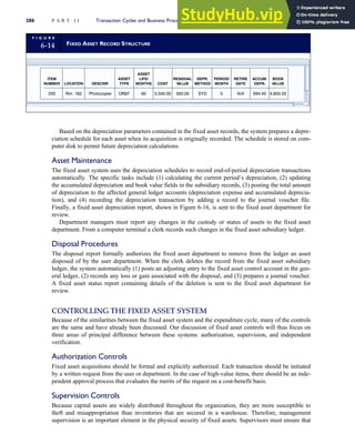 Based on the depreciation parameters contained in the fixed asset records, the system prepares a depre-
ciation schedule for each asset when its acquisition is originally recorded. The schedule is stored on com-
puter disk to permit future depreciation calculations.
Asset Maintenance
The fixed asset system uses the depreciation schedules to record end-of-period depreciation transactions
automatically. The specific tasks include (1) calculating the current period’s depreciation, (2) updating
the accumulated depreciation and book value fields in the subsidiary records, (3) posting the total amount
of depreciation to the affected general ledger accounts (depreciation expense and accumulated deprecia-
tion), and (4) recording the depreciation transaction by adding a record to the journal voucher file.
Finally, a fixed asset depreciation report, shown in Figure 6-16, is sent to the fixed asset department for
review.
Department managers must report any changes in the custody or status of assets to the fixed asset
department. From a computer terminal a clerk records such changes in the fixed asset subsidiary ledger.
Disposal Procedures
The disposal report formally authorizes the fixed asset department to remove from the ledger an asset
disposed of by the user department. When the clerk deletes the record from the fixed asset subsidiary
ledger, the system automatically (1) posts an adjusting entry to the fixed asset control account in the gen-
eral ledger, (2) records any loss or gain associated with the disposal, and (3) prepares a journal voucher.
A fixed asset status report containing details of the deletion is sent to the fixed asset department for
review.
CONTROLLING THE FIXED ASSET SYSTEM
Because of the similarities between the fixed asset system and the expenditure cycle, many of the controls
are the same and have already been discussed. Our discussion of fixed asset controls will thus focus on
three areas of principal difference between these systems: authorization, supervision, and independent
verification.
Authorization Controls
Fixed asset acquisitions should be formal and explicitly authorized. Each transaction should be initiated
by a written request from the user or department. In the case of high-value items, there should be an inde-
pendent approval process that evaluates the merits of the request on a cost-benefit basis.
Supervision Controls
Because capital assets are widely distributed throughout the organization, they are more susceptible to
theft and misappropriation than inventories that are secured in a warehouse. Therefore, management
supervision is an important element in the physical security of fixed assets. Supervisors must ensure that
F I G U R E
6-14 FIXED ASSET RECORD STRUCTURE
ASSET
ITEM ASSET LIFE/ RESIDUAL DEPR. PERIOD/ RETIRE ACCUM. BOOK
NUMBER LOCATION DESCRIP
. TYPE MONTHS COST VALUE METHOD MONTH DATE DEPN. VALUE
200 Rm. 182 Photocopier OffF 60 5,500.00 500.00 SYD 5 N/A 694.45 4,805.55
286 P A R T I I Transaction Cycles and Business Processes
 