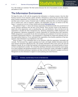 Five AIS models are examined. The final section discusses the role of accountants as users, designers,
and auditors of AIS.
The Information Environment
We begin the study of AIS with the recognition that information is a business resource. Like the other
business resources of raw materials, capital, and labor, information is vital to the survival of the contem-
porary business organization. Every business day, vast quantities of information flow to decision makers
and other users to meet a variety of internal needs. In addition, information flows out from the organiza-
tion to external users, such as customers, suppliers, and stakeholders who have an interest in the firm.
Figure 1-1 presents an overview of these internal and external information flows.
The pyramid in Figure 1-1 shows the business organization divided horizontally into several levels of
activity. Business operations form the base of the pyramid. These activities consist of the product-ori-
ented work of the organization, such as manufacturing, sales, and distribution. Above the base level, the
organization is divided into three management tiers: operations management, middle management, and
top management. Operations management is directly responsible for controlling day-to-day operations.
Middle management is accountable for the short-term planning and coordination of activities necessary to
accomplish organizational objectives. Top management is responsible for longer-term planning and set-
ting organizational objectives. Every individual in the organization, from business operations to top man-
agement, needs information to accomplish his or her tasks.
Notice in Figure 1-1 how information flows in two directions within the organization: horizontally and
vertically. The horizontal flow supports operations-level tasks with highly detailed information about the
many business transactions affecting the firm. This includes information about events such as the sale and
shipment of goods, the use of labor and materials in the production process, and internal transfers of resour-
ces from one department to another. The vertical flow distributes information downward from senior manag-
ers to junior managers and operations personnel in the form of instructions, quotas, and budgets. In addition,
summarized information pertaining to operations and other activities flows upward to managers at all levels.
Management uses this information to support its various planning and control functions.
F I G U R E
1-1 INTERNAL AND EXTERNAL FLOWS OF INFORMATION
Top
Management
Operations Personnel
Customers
Day-to-Day Operations Information
Stakeholders
Suppliers
Operations
Management
Middle
Management
B
u
d
g
e
t
I
n
f
o
r
m
a
t
i
o
n
a
n
d
I
n
s
t
r
u
c
t
i
o
n
s
P
e
r
f
o
r
m
a
n
c
e
I
n
f
o
r
m
a
t
i
o
n
4 P A R T I Overview of Accounting Information Systems
 