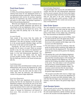 Fixed Asset System
Purchasing
At Orbits, the purchasing department is responsible for
ordering fixed assets for user departments based on a
user-generated purchase requisition. When the purchas-
ing department clerk receives the purchase requisition
from the user department, she creates a purchase order
and sends it to the vendor. The purchase requisition is
filed in the purchasing department.
When the asset shipped, the vendor sends the invoice
to the accounts payable department and delivers the
asset directly to the user department, where it is recon-
ciled to the packing slip and placed into service. The
user then sends the packing slip to the fixed asset
department.
Accounts Payable
Upon receipt of the invoice from the vendor, the
accounts payable clerk accesses the department PC,
determines a due date for payment, records the liabil-
ity in the accounts payable subsidiary ledger, and files
the invoice in the open accounts payable file.
Periodically, the clerk reviews the open accounts
payable file for items to be paid. When an accounts
payable is due, the clerk accesses the department PC,
prints a hard-copy cash disbursements voucher, and
sends it to the cash disbursements department. The
clerk then removes the liability from the digital
accounts payable subsidiary ledger. Finally, the clerk
files the hard-copy invoice in the closed accounts pay-
able file.
Cash Disbursement
Upon receipt of the cash disbursement voucher, the cash
disbursements clerk accesses the department PC, prints
a vendor check, and records the check in the digital
check register. Next, the clerk sends the check to the
vendor and sends the hard-copy cash disbursement
voucher to the general ledger department.
Fixed Asset Department
When the fixed asset department clerk receives the
packing slip from the user department, he accesses the
department computer and records the asset in the fixed
asset subsidiary ledger. Periodically, the clerk prepares
an account summary that he sends to the general ledger.
NOTE: The fixed asset department has additional pro-
cedures to manage the maintenance and disposal of
fixed assets. These procedures are not part of this
assignment.
General Ledger Department
The general ledger clerk receives the cash disbursement
voucher and from the cash disbursements department
and the account summary from the fixed assets depart-
ment. The general ledger clerk then accesses the depart-
ment PC and posts to the cash, accounts payable
control, and fixed asset control accounts. Finally, the
general ledger clerk files the voucher and account sum-
mary in the department.
Sales Order System
The sales department receives customer orders via fax,
mail, and e-mail. A sales clerk using the sales depart-
ment PC records the orders in the sales order file and
prints a stock release, invoice, ledger copy, and packing
slip. These documents are distributed as follows:
 The invoice and ledger copy are sent to billing, where
the clerk records the sale in the digital sales journal
from the department computer. The clerk then sends
the invoice to the customer and the ledger copy to the
accounts receivable department.
 The stock release is sent to the warehouse, where the
goods are picked and the warehouse clerk updates the
stock records from the department PC. The clerk then
sends the stock release and the goods to the shipping
department.
 The packing slip is sent to the shipping department,
where it is reconciled to the stock release. The ship-
ping clerk then manually prepares a bill of lading and
records the shipment in the shipping log. The clerk
sends the bill of lading, the product, and packing slip
to the carrier. The stock release is sent to the purchas-
ing and inventory control department, where it is
used to update the inventory subsidiary ledger. The
inventory control clerk then files the stock release
and prepares an account summary, which is sent to
the general ledger department.
The accounts receivable clerk receives a ledger copy
document. The clerk then accesses the department PC
to update the accounts receivable subsidiary ledger. The
clerk then files the ledger copy and prepares an account
summary, which she sends to the general ledger depart-
ment.
Cash Receipts System
The mail room receives envelopes containing customer
checks and remittance advices. The checks are sent to
the cash receipts department, and the remittance advices
are sent to the accounts receivable department. The cash
C H A P T E R 6 The Expenditure Cycle Part II: Payroll Processing and Fixed Asset Procedures 303
 