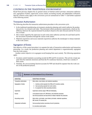 CONTROLS IN THE TRADITIONAL ENVIRONMENT
Recall from previous chapters the six general classes of internal control activities: transaction authoriza-
tion, segregation of duties, supervision, access control, accounting records, and independent verification.
Specific controls as they apply to the conversion cycle are summarized in Table 7-1 and further explained
in the following section.
Transaction Authorization
The following describes the transaction authorization procedure in the conversion cycle.
1. In the traditional manufacturing environment, production planning and control authorize the produc-
tion activity via a formal work order. This document reflects production requirements, which are the
difference between the expected demand for products (based on the sales forecast) and the FG inven-
tory on hand.
2. Move tickets signed by the supervisor in each work center authorize activities for each batch and for
the movement of products through the various work centers.
3. Materials requisitions and excess materials requisitions authorize the storekeeper to release materials
to the work centers.
Segregation of Duties
One objective of this control procedure is to separate the tasks of transaction authorization and transaction
processing. As a result, the production planning and control department is organizationally segregated
from the work centers.
Another control objective is to segregate record keeping from asset custody. The following separations
apply:
1. Inventory control maintains accounting records for RM and FG inventories. This activity is kept sep-
arate from the materials storeroom and from the FG warehouse functions, which have custody of
these assets.
2. Similarly, the cost accounting function accounts for WIP and should be separate from the work cen-
ters in the production process.
T A B L E
7-1 SUMMARY OF CONVERSION CYCLE CONTROLS
Control Class Control Points in the System
Transaction authorization Work orders, move tickets, and materials requisitions.
Segregation of duties 1. Inventory control separate from RM and FG inventory custody.
2. Cost accounting separate from work centers.
3. GL separate from other accounting functions.
Supervision Supervisors oversee usage of RM and timekeeping.
Access Limit physical access to FG, RM stocks, and production processes.
Use formal procedures and documents to release materials into production.
Accounting records Work orders, cost sheets, move tickets, job tickets, materials requisitions,
WIP records, FG inventory file.
Independent verification Cost accounting function reconciles all cost of production.
GL reconciles overall system.
318 P A R T I I Transaction Cycles and Business Processes
 