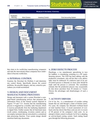 that claim to be world-class manufacturing companies
and state the innovation(s) these companies have under-
taken to become world-class.
4. INTERNAL CONTROL
Examine the flowchart for Problem 4 and determine
any control threats. Specifically discuss the control
problems, the possible dangers, and any corrective pro-
cedures you would recommend.
5. DESIGN AND DOCUMENT
MANUFACTURING PROCESSES
Design and document with a system flowchart a com-
puter-based manufacturing process that possesses the
information flows of the manual systems depicted in
Figures 7-9 and 7-13. Assume that the manufacturing
process is triggered by a monthly sales forecast, which
it receives periodically from the marketing department
in digital form. Further assume that all functional areas
(work centers, storekeeping, inventory control, and so
on) employ terminals that are networked to a centralized
data processing function. Your system design should
minimize hard-copy documents.
6. ZERO DEFECTS PROCESS
Playthings, a toy manufacturer specializing in toys
for toddlers, is considering switching to a JIT manu-
facturing process. The CEO has been talking with the
production consultants, who tell her that a new philos-
ophy must be embraced: If a defective part of an out-
of-control process is detected, no more units should be
made until the process is corrected. The consultants
estimate that the production process may occasionally
be shut down anywhere from 30 minutes to 7 hours.
Discuss the advantages and disadvantages of such a
system.
7. ACTIVITY DRIVERS
Cut It Up, Inc., is a manufacturer of wooden cutting
boards that are sold through a chain of kitchen stores.
For years, the company has allocated overhead based
on total machine hours. A recent assessment of over-
head costs has shown that these costs are now in excess
of 40 percent of the company’s total costs. As an
attempt to better control overhead, Cut It Up is adopting
an activity-based costing system. Each cutting board
goes through the following processes:
PROBLEM 4: INTERNAL CONTROL
Production
Planning Work Centers Inventory Control Cost Accounting System
Work Order
Journal
Voucher
Move Ticket
Job Ticket
Material
Requisitions
Excess
Material
Material
Returns
Work Order
Materials
Inventory
Records
Labor
Variance
Materials
Variance
General Ledger
Mgmt Reports
Manufacturing
Overhead
Variance
Update
Prepare
Prepare
338 P A R T I I Transaction Cycles and Business Processes
 
