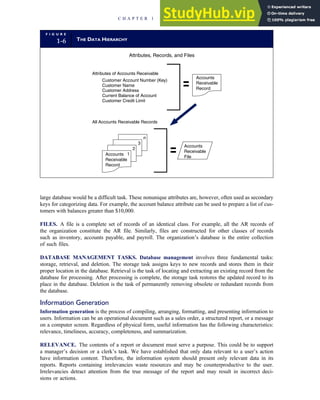 large database would be a difficult task. These nonunique attributes are, however, often used as secondary
keys for categorizing data. For example, the account balance attribute can be used to prepare a list of cus-
tomers with balances greater than $10,000.
FILES. A file is a complete set of records of an identical class. For example, all the AR records of
the organization constitute the AR file. Similarly, files are constructed for other classes of records
such as inventory, accounts payable, and payroll. The organization’s database is the entire collection
of such files.
DATABASE MANAGEMENT TASKS. Database management involves three fundamental tasks:
storage, retrieval, and deletion. The storage task assigns keys to new records and stores them in their
proper location in the database. Retrieval is the task of locating and extracting an existing record from the
database for processing. After processing is complete, the storage task restores the updated record to its
place in the database. Deletion is the task of permanently removing obsolete or redundant records from
the database.
Information Generation
Information generation is the process of compiling, arranging, formatting, and presenting information to
users. Information can be an operational document such as a sales order, a structured report, or a message
on a computer screen. Regardless of physical form, useful information has the following characteristics:
relevance, timeliness, accuracy, completeness, and summarization.
RELEVANCE. The contents of a report or document must serve a purpose. This could be to support
a manager’s decision or a clerk’s task. We have established that only data relevant to a user’s action
have information content. Therefore, the information system should present only relevant data in its
reports. Reports containing irrelevancies waste resources and may be counterproductive to the user.
Irrelevancies detract attention from the true message of the report and may result in incorrect deci-
sions or actions.
F I G U R E
1-6 THE DATA HIERARCHY
Attributes of Accounts Receivable
Customer Account Number (Key)
Accounts
Receivable
File
All Accounts Receivable Records
Attributes, Records, and Files
Customer Address
Current Balance of Account
Customer Credit Limit
Customer Name
Accounts
Receivable
Record
Accounts
Receivable
Record
1
2
3
n
C H A P T E R 1 The Information System: An Accountant’s Perspective 13
 