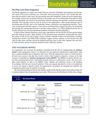 Flat Files Limit Data Integration
The flat-file approach is a single-view model. Files are structured, formatted, and arranged to suit the spe-
cific needs of the owner or primary user of the data. Such structuring, however, may exclude data attri-
butes that are useful to other users, thus preventing successful integration of data across the organization.
For example, because the accounting function is the primary user of accounting data, these data are often
captured, formatted, and stored to accommodate financial reporting and generally accepted accounting
principles. This structure, however, may be useless to the organization’s other (nonaccounting) users of
accounting data (GAAP), such as the marketing, finance, production, and engineering functions. These
users are presented with three options: (1) do not use accounting data to support decisions; (2) manipulate
and massage the existing data structure to suit their unique needs; or (3) obtain additional private sets of
the data and incur the costs and operational problems associated with data redundancy.
In spite of these inherent limitations, many large organizations still use flat files for their general ledger
and other financial systems. Most members of the data processing community assumed that the end of
the century would see the end of legacy systems. Instead, corporate America invested billions of dollars
making these systems year-2000 (Y2K) compliant. Legacy systems continue to exist because they add
value for their users, and they will not be replaced until they cease to add value. Students who may have
to work with these systems in practice should be aware of their key features.
THE DATABASE MODEL
An organization can overcome the problems associated with flat files by implementing the database
model to data management. Figure 1-13 illustrates how this approach centralizes the organization’s data
into a common database that is shared by other users. With the organization’s data in a central location,
all users have access to the data they need to achieve their respective objectives. Access to the data
resource is controlled by a database management system (DBMS). The DBMS is a special software sys-
tem that is programmed to know which data elements each user is authorized to access. The user’s pro-
gram sends requests for data to the DBMS, which validates and authorizes access to the database
in accordance with the user’s level of authority. If the user requests data that he or she is not authorized
to access, the request is denied. Clearly, the organization’s procedures for assigning user authority are
an important control issue for auditors to consider.
The most striking difference between the database model and the flat-file model is the pooling of data into
a common database that all organizational users share. With access to the full domain of entity data, changes
F I G U R E
1-13 DATABASE MODEL
Customer Data
Sales Invoices
Cash Receipts
Product Service
Schedule
Other Entity Data
Customer Sales
(Historic/
Product
Orientation)
D
B
M
S
Customer Sales
(Current
Accounts
Receivable)
Customer Sales
(Historic/
Demographic
Orientation)
Accounting
Marketing
Product Services
Shared Database
Integration
Software
User User View
C H A P T E R 1 The Information System: An Accountant’s Perspective 27
 