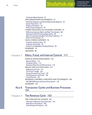 Computer-Based Systems 51
DOCUMENTATION TECHNIQUES 53
Data Flow Diagrams and Entity Relationship Diagrams 53
System Flowcharts 57
Program Flowcharts 64
Record Layout Diagrams 67
COMPUTER-BASED ACCOUNTING SYSTEMS 67
Differences between Batch and Real-Time Systems 68
Alternative Data Processing Approaches 69
Batch Processing Using Real-Time Data Collection 71
Real-Time Processing 74
DATA CODING SCHEMES 74
A System without Codes 74
A System with Codes 76
Numeric and Alphabetic Coding Schemes 76
SUMMARY 79
APPENDIX 80
Chapter 3 Ethics, Fraud, and Internal Control 111
ETHICAL ISSUES IN BUSINESS 112
Business Ethics 112
Computer Ethics 112
Sarbanes-Oxley Act and Ethical Issues 116
FRAUD AND ACCOUNTANTS 117
Definitions of Fraud 117
The Fraud Triangle 118
Financial Losses from Fraud 119
The Perpetrators of Frauds 120
Fraud Schemes 122
INTERNAL CONTROL CONCEPTS AND TECHNIQUES 128
SAS 78/COSO Internal Control Framework 132
SUMMARY 137
Part II Transaction Cycles and Business Processes
151
Chapter 4 The Revenue Cycle 153
THE CONCEPTUAL SYSTEM 154
Overview of Revenue Cycle Activities 154
Sales Return Procedures 160
Cash Receipts Procedures 163
vi Contents
 