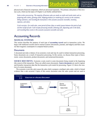 physical and a financial component, which are processed separately. The primary subsystems of the reve-
nue cycle, which are the topics of Chapter 4, are briefly outlined below.
Sales order processing. The majority of business sales are made on credit and involve tasks such as
preparing sales orders, granting credit, shipping products (or rendering of a service) to the customer,
billing customers, and recording the transaction in the accounts (accounts receivable, inventory,
expenses, and sales).
Cash receipts. For credit sales, some period of time (days or weeks) passes between the point of sale
and the receipt of cash. Cash receipts processing includes collecting cash, depositing cash in the bank,
and recording these events in the accounts (accounts receivable and cash).
Accounting Records
MANUAL SYSTEMS
This section describes the purpose of each type of accounting record used in transaction cycles. We
begin with traditional records used in manual systems (documents, journals, and ledgers) and then exam-
ine their magnetic counterparts in computer-based systems.
Documents
A document provides evidence of an economic event and may be used to initiate transaction processing.
Some documents are a result of transaction processing. In this section, we discuss three types of docu-
ments: source documents, product documents, and turnaround documents.
SOURCE DOCUMENTS. Economic events result in some documents being created at the beginning
(the source) of the transaction. These are called source documents. Source documents are used to capture
and formalize transaction data that the transaction cycle needs for processing. Figure 2-2 shows the crea-
tion of a source document.
The economic event (the sale) causes the sales clerk to prepare a multipart sales order, which is formal
evidence that a sale occurred. Copies of this source document enter the sales system and are used to
F I G U R E
2-2 CREATION OF A SOURCE DOCUMENT
Data
Collection
Customer's
Order
Sales
System
Source
Document
Sales Order
2
3
1
44 P A R T I Overview of Accounting Information Systems
 