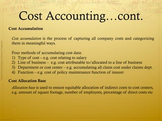 Cost Accounting…cont.
                                              Cost Accumulation

                                               Cost accumulation is the process of capturing all company costs and categorizing
Financial Accounting in Insurance Companies




                                               them in meaningful ways.

                                               Four methods of accumulating cost data:
                                               1)  Type of cost – e.g. cost relating to salary
                                               2)  Line of business – e.g. cost attributable to/allocated to a line of business
                                               3)  Department or cost center – e.g. accumulating all claim cost under claims dept.
                                               4)  Function – e.g. cost of policy maintenance function of insurer

                                              Cost Allocation Base
                                               Allocation base is used to ensure equitable allocation of indirect costs to cost centers,
                                               e.g. amount of square footage, number of employees, percentage of direct costs etc




                Prepared by Avik Saha
                                                                                                                                           35
 