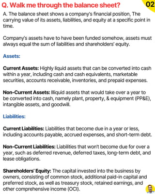 A. The balance sheet shows a company’s financial position, The
carrying value of its assets, liabilities, and equity at a specific point in
time.
Company’s assets have to have been funded somehow, assets must
always equal the sum of liabilities and shareholders’ equity.
Assets:
Current Assets: Highly liquid assets that can be converted into cash
within a year, including cash and cash equivalents, marketable
securities, accounts receivable, inventories, and prepaid expenses.
Non-Current Assets: Illiquid assets that would take over a year to
be converted into cash, namely plant, property, & equipment (PP&E),
intangible assets, and goodwill.
Liabilities:
Current Liabilities: Liabilities that become due in a year or less,
including accounts payable, accrued expenses, and short-term debt.
Non-Current Liabilities: Liabilities that won’t become due for over a
year, such as deferred revenue, deferred taxes, long-term debt, and
lease obligations.
Shareholders’ Equity: The capital invested into the business by
owners, consisting of common stock, additional paid-in capital and
preferred stock, as well as treasury stock, retained earnings, and
other comprehensive income (OCI).
Q. Walk me through the balance sheet? 02
 