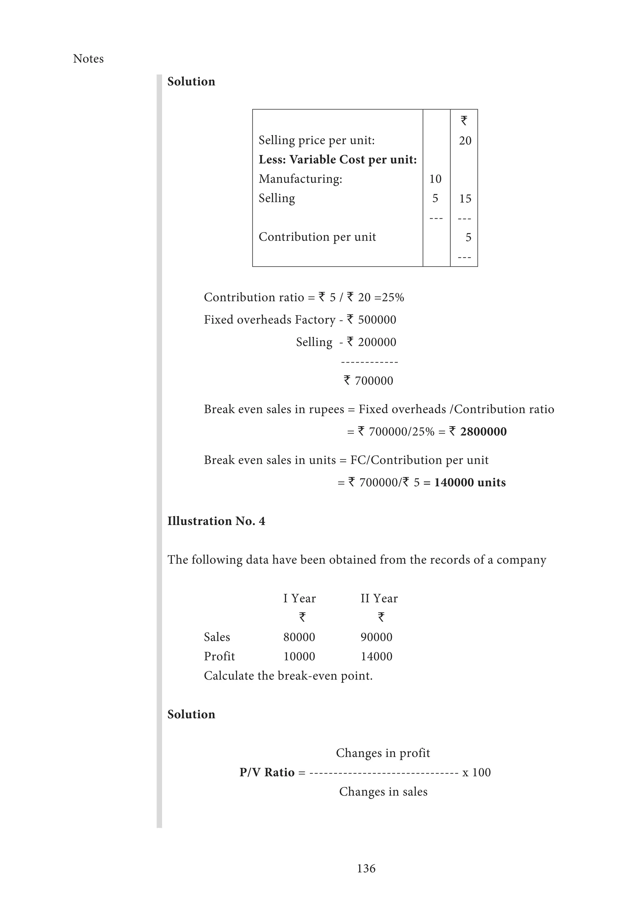 Notes
136
Solution
Selling price per unit:
Less: Variable Cost per unit:
Manufacturing:
Selling
Contribution per unit
10
5
---
`
20
15
---
5
---
Contribution ratio = ` 5 / ` 20 =25%
Fixed overheads Factory - ` 500000
Selling - ` 200000
------------
` 700000
Break even sales in rupees = Fixed overheads /Contribution ratio
= ` 700000/25% = ` 2800000
Break even sales in units = FC/Contribution per unit
= ` 700000/` 5 = 140000 units
Illustration No. 4
The following data have been obtained from the records of a company
		 I Year	 	 II Year
			 ` 		 `
Sales 		 80000	 	 90000
Profit 		 10000 		 14000
Calculate the break-even point.
Solution
Changes in profit
P/V Ratio = ------------------------------- x 100
Changes in sales
 