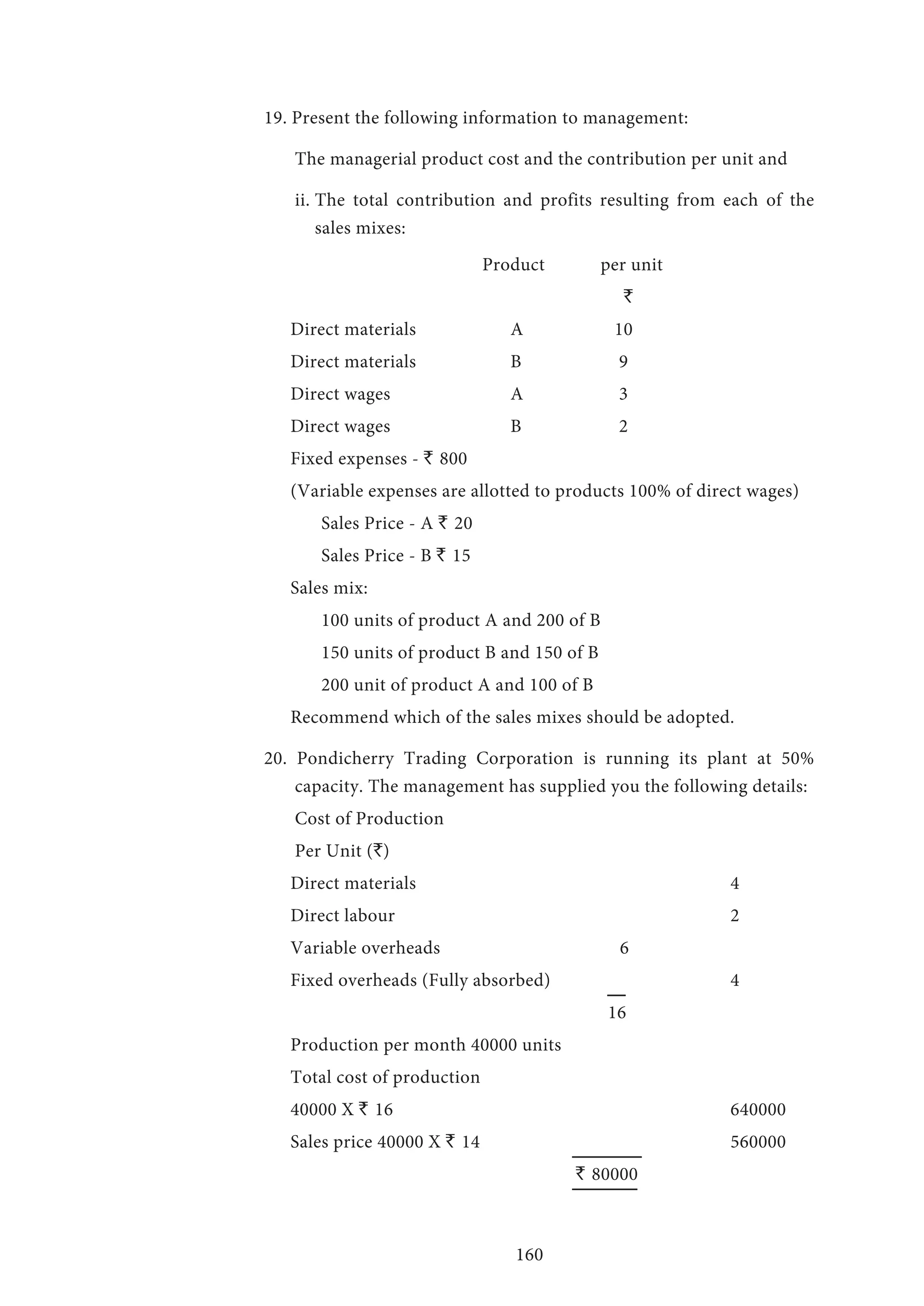 160
19. Present the following information to management:
	 The managerial product cost and the contribution per unit and
	 ii. The total contribution and profits resulting from each of the
sales mixes:
	 Product 	 per unit
	 		 `
Direct materials 	 A 	 10
Direct materials	 B 	 9
Direct wages 	 A 	 3
Direct wages 	 B 	 2
Fixed expenses - ` 800
(Variable expenses are allotted to products 100% of direct wages)
	 Sales Price - A ` 20
	 Sales Price - B ` 15
Sales mix:
	 100 units of product A and 200 of B
	 150 units of product B and 150 of B
	 200 unit of product A and 100 of B
Recommend which of the sales mixes should be adopted.
20. Pondicherry Trading Corporation is running its plant at 50%
capacity. The management has supplied you the following details:
	 Cost of Production
	 Per Unit (`)
Direct materials 	 4
Direct labour 	 2
Variable overheads 6
Fixed overheads (Fully absorbed) 	 4
16
Production per month 40000 units
Total cost of production
40000 X ` 16 	 640000
Sales price 40000 X ` 14 	 560000
` 80000
 