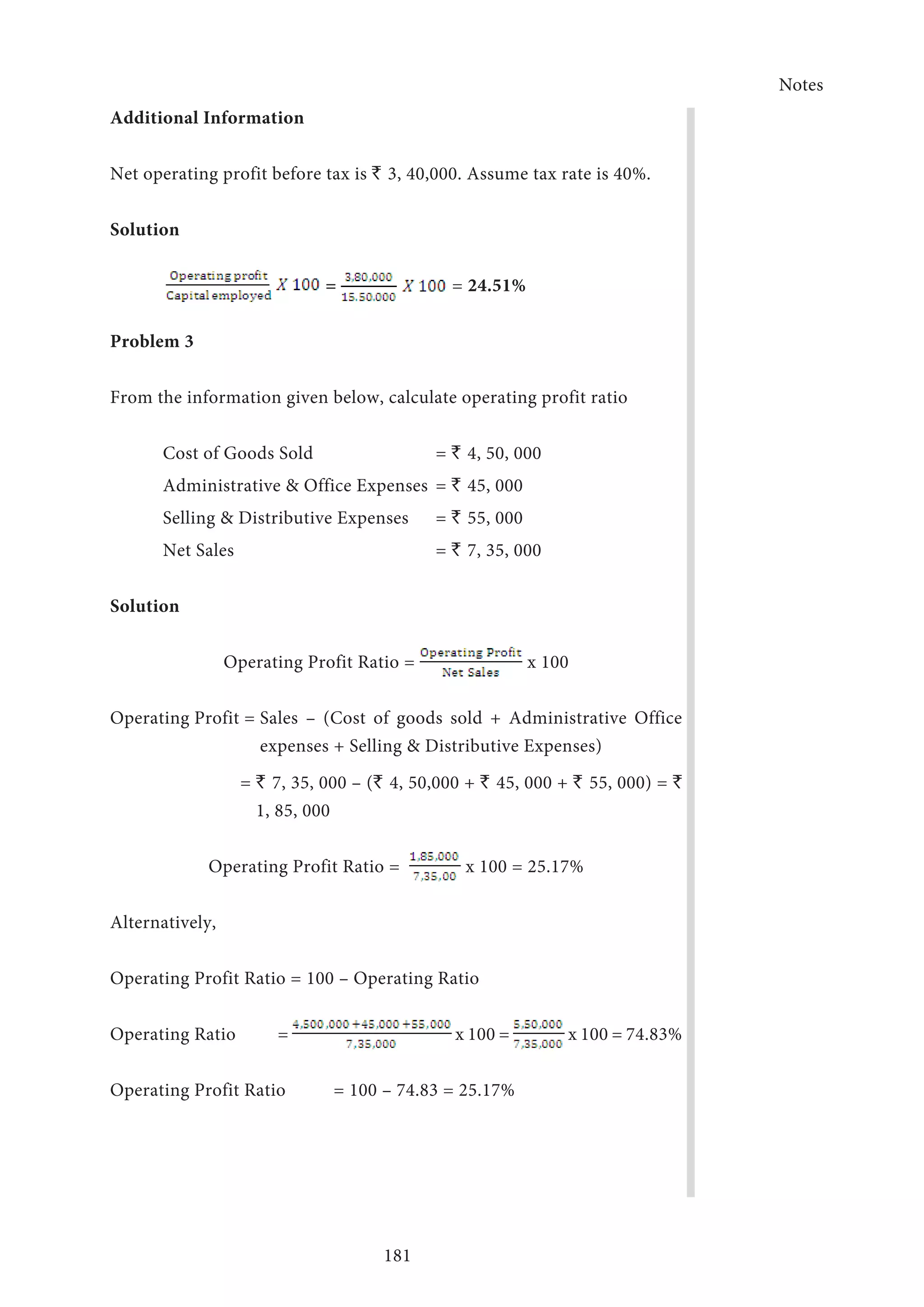 Notes
181
Additional Information
Net operating profit before tax is ` 3, 40,000. Assume tax rate is 40%.
Solution
	 = = 24.51%
Problem 3
From the information given below, calculate operating profit ratio
Cost of Goods Sold 	 = ` 4, 50, 000
Administrative  Office Expenses 	= ` 45, 000
Selling  Distributive Expenses 	 = ` 55, 000
Net Sales	 = ` 7, 35, 000
Solution
Operating Profit Ratio = x 100
Operating Profit = Sales – (Cost of goods sold + Administrative Office
expenses + Selling  Distributive Expenses)
		 = ` 7, 35, 000 – (` 4, 50,000 + ` 45, 000 + ` 55, 000) = `
1, 85, 000
Operating Profit Ratio = x 100 = 25.17%
Alternatively,
Operating Profit Ratio = 100 – Operating Ratio
Operating Ratio	 = x 100 = x 100 = 74.83%
Operating Profit Ratio	 = 100 – 74.83 = 25.17%
 