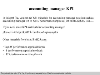accounting manager KPI 
In this ppt file, you can ref KPI materials for accounting manager position such as 
accounting manager list of KPIs, performance appraisal, job skills, KRAs, BSC… 
If you need more KPI materials for accounting manager, 
please visit: http://kpi123.com/list-of-kpi-samples 
Other materials from http://kpi123.com: 
• Top 28 performance appraisal forms 
• 11 performance appraisal methods 
• 1125 performance review phrases 
Top materials: top sales KPIs, Top 28 performance appraisal forms, 11 performance appraisal methods 
Interview questions and answers – free download/ pdf and ppt file 
 