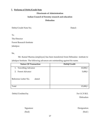 7. Performa of Debit /Credit Note
                               Directorate of Administration
                    Indian Council of Forestry research and education
                                        Dehradun


Debit/Credit Note No.                                                 Dated :


To
The Director
Forest Research Institute
Jabalpur.


Sir,
          Mr. Kamal Sharma (employee) has been transferred from Dehradun institute to
Jabalpur Institute. The following advances are outstanding against his name.
            Nature Of Transaction                              Debit/ Credit
       1. Travelling Advance                                                        10,000/-
       2. Forest Advance                                                             5,000/-


Reference Letter No.         dated:


Total                                                                               15,000/-


Debit/Credited by                                                              For I.C.F.R.E.
                                                                                  Dehradun




                 Signature                                                      Designation
                 (Seal)                                                               (Seal )

                                            27
 