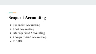 Scope of Accounting
● Financial Accounting
● Cost Accounting
● Management Accounting
● Computerised Accounting
● DBMS
 