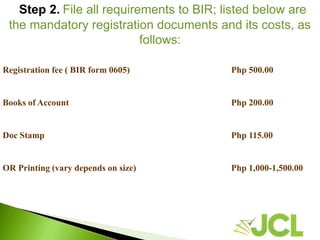 Step 2. File all requirements to BIR; listed below are
the mandatory registration documents and its costs, as
follows:
Registration fee ( BIR form 0605) Php 500.00
Books of Account Php 200.00
Doc Stamp Php 115.00
OR Printing (vary depends on size) Php 1,000-1,500.00
 