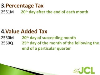 3.Percentage Tax
2551M 20th day after the end of each month
4.Value Added Tax
2550M 20th day of succeeding month
2550Q 25th day of the month of the following the
end of a particular quarter
 
