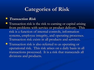 CCaatteeggoorriieess ooff RRiisskk 
 TTrraannssaaccttiioonn RRiisskk 
 TTrraannssaaccttiioonn rriisskk iiss tthhee rriisskk ttoo eeaarrnniinngg oorr ccaappiittaall aarriissiinngg 
ffrroomm pprroobblleemmss wwiitthh sseerrvviiccee oorr pprroodduucctt ddeelliivveerryy.. TThhiiss 
rriisskk iiss aa ffuunnccttiioonn ooff iinntteerrnnaall ccoonnttrroollss,, iinnffoorrmmaattiioonn 
ssyysstteemmss,, eemmppllooyyeeee iinntteeggrriittyy,, aanndd ooppeerraattiinngg pprroocceesssseess.. 
TTrraannssaaccttiioonn rriisskk eexxiissttss iinn aallll pprroodduuccttss aanndd sseerrvviicceess.. 
 TTrraannssaaccttiioonn rriisskk iiss aallssoo rreeffeerrrreedd ttoo aass ooppeerraattiinngg oorr 
ooppeerraattiioonnaall rriisskk.. TThhiiss rriisskk aarriisseess oonn aa ddaaiillyy bbaassiiss iinn aallll 
ttrraannssaaccttiioonnss pprroocceesssseedd.. IItt iiss aa rriisskk tthhaatt ttrraannsscceennddss aallll 
ddiivviissiioonnss aanndd pprroodduuccttss.. 
 