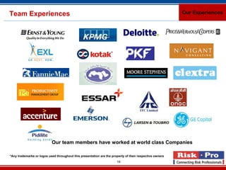 Team Experiences                                                                                         Our Experiences




                           Our team members have worked at world class Companies

*Any trademarks or logos used throughout this presentation are the property of their respective owners
                                                                      18
 
