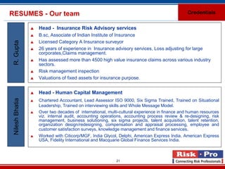 RESUMES - Our team                                                                              Credentials


                    Head - Insurance Risk Advisory services
                    B.sc, Associate of Indian Institute of Insurance
                     Licensed Category A Insurance surveyor
 R. Gupta


                 

                    26 years of experience in Insurance advisory services, Loss adjusting for large
                     corporates,Claims management.
                    Has assessed more than 4500 high value insurance claims across various industry
                     sectors.
                    Risk management inspection
                    Valuations of fixed assets for insurance purpose.


                    Head - Human Capital Management
 Nilesh Bhatia




                    Chartered Accountant, Lead Assessor ISO 9000, Six Sigma Trained, Trained on Situational
                     Leadership, Trained on interviewing skills and Whole Message Model.
                    Over two decades of international, multi-cultural experience in finance and human resources
                     viz. internal audit, accounting operations, accounting process review & re-designing, risk
                     management, business solutioning, six sigma projects, talent acquisition, talent retention,
                     organization design/redesigning, compensation and appraisal processing, employee and
                     customer satisfaction surveys, knowledge management and finance services.
                    Worked with Citicorp/MGF, India Glycol, Delphi, American Express India, American Express
                     USA, Fidelity International and Macquarie Global Finance Services India.



                                                            21
 