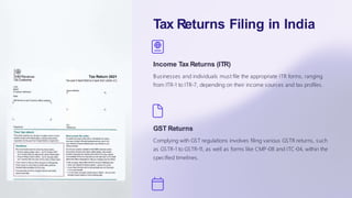 Tax Returns Filing in India
Income Tax Returns (ITR)
Businesses and individuals must file the appropriate ITR forms, ranging
from ITR-1 to ITR-7, depending on their income sources and tax profiles.
GST Returns
Complying with GST regulations involves filing various GSTR returns, such
as GSTR-1 to GSTR-11, as well as forms like CMP-08 and ITC-04, within the
specified timelines.
 