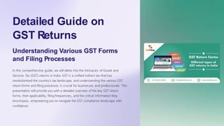 Detailed Guide on
GST Returns
Understanding Various GST Forms
and Filing Processes
In this comprehensive guide, we will delve into the intricacies of Goods and
Services Tax (GST) returns in India. GST is a unified indirect tax that has
revolutionized the country's tax landscape, and understanding the various GST
return forms and filing processes is crucial for businesses and professionals. This
presentation will provide you with a detailed overview of the key GST return
forms, their applicability, filing frequencies, and the critical information they
encompass, empowering you to navigate the GST compliance landscape with
confidence.
 