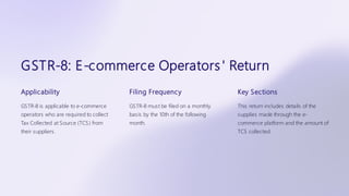 GSTR-8: E-commerce Operators' Return
Applicability
GSTR-8 is applicable to e-commerce
operators who are required to collect
Tax Collected at Source (TCS) from
their suppliers.
Filing Frequency
GSTR-8 must be filed on a monthly
basis by the 10th of the following
month.
Key Sections
This return includes details of the
supplies made through the e-
commerce platform and the amount of
TCS collected.
 