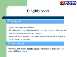 Tangible Asset
Fixed Asset
Assets that have a physical form.
Tangible assets include both fixed assets, such as machinery, buildings and
land, and current assets, such as inventory.
Assets are property or economic resources that are expected to provide a
future benefit to a business

Current Asset
Definition of Current Assets: assets in the form of cash (or easily
convertible into cash)

 