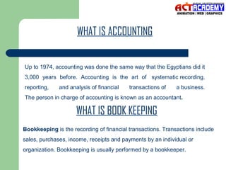 WHAT IS ACCOUNTING
Up to 1974, accounting was done the same way that the Egyptians did it
3,000 years before. Accounting is the art of systematic recording,
reporting,

and analysis of financial

transactions of

a business.

The person in charge of accounting is known as an accountant.

WHAT IS BOOK KEEPING
Bookkeeping is the recording of financial transactions. Transactions include
sales, purchases, income, receipts and payments by an individual or
organization. Bookkeeping is usually performed by a bookkeeper.

 