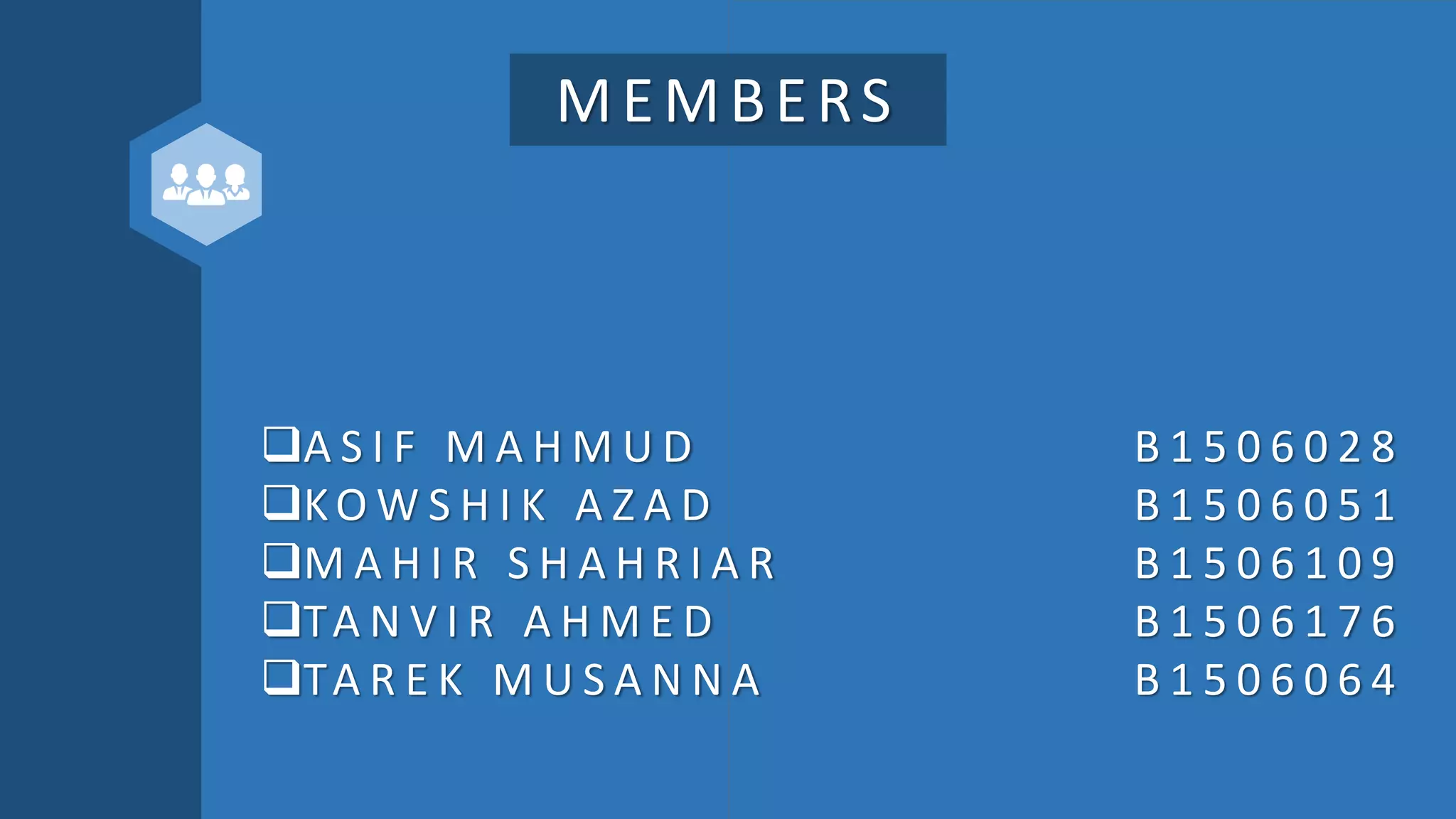 A S I F M A H M U D B 1 5 0 6 0 2 8
KO W S H I K A Z A D B 1 5 0 6 0 5 1
M A H I R S H A H R I A R B 1 5 0 6 1 0 9
TA N V I R A H M E D B 1 5 0 6 1 7 6
TA R E K M U S A N N A B 1 5 0 6 0 6 4
MEMBERS
 