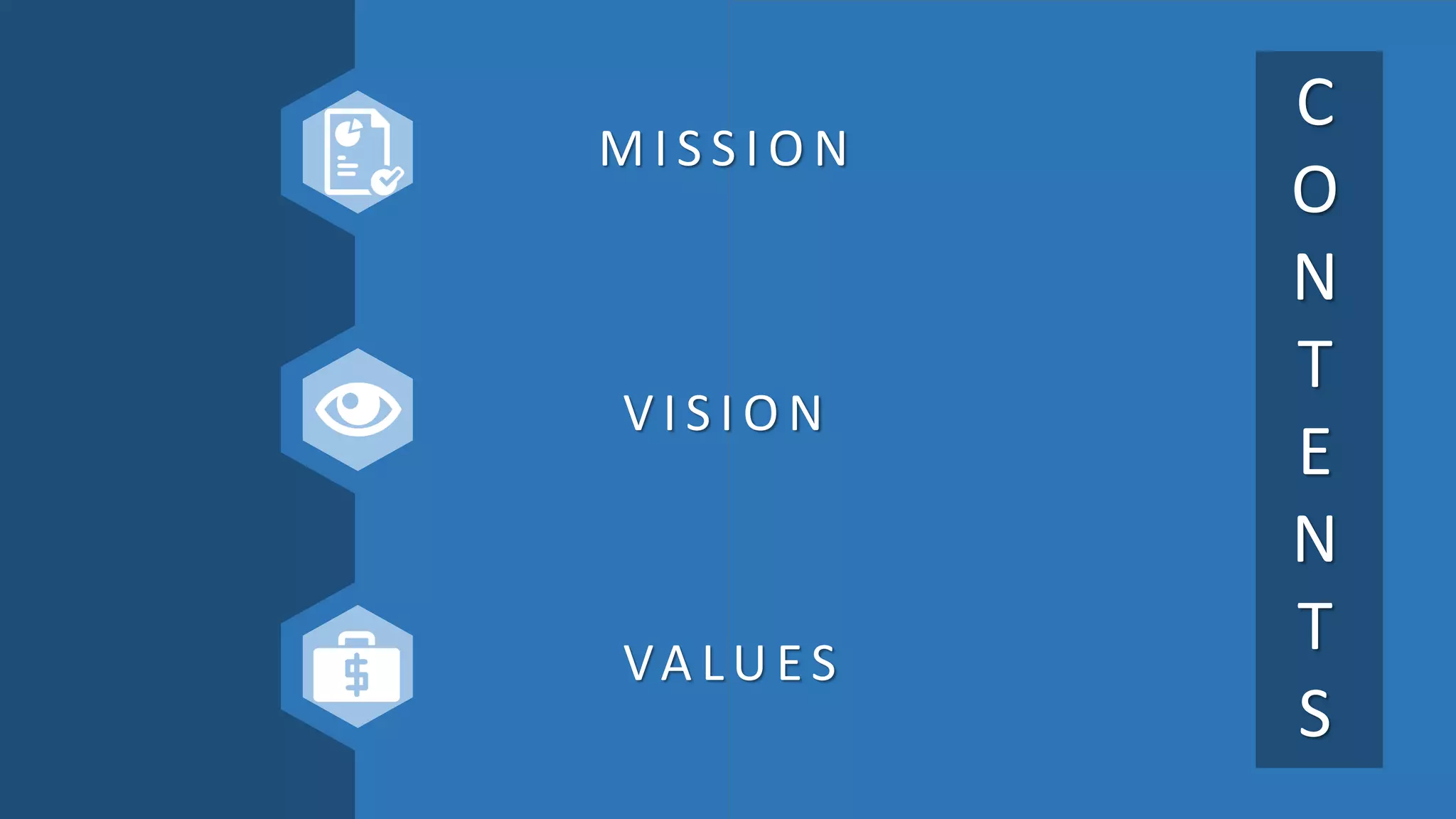 C
O
N
T
E
N
T
S
M I S S I O N
V I S I O N
VA LU E S
 