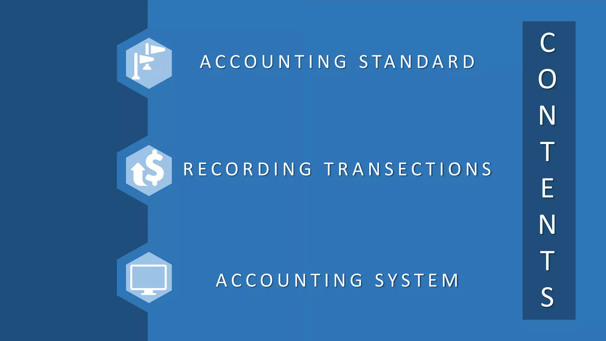 C
O
N
T
E
N
T
S
A C C O U N T I N G S TA N D A R D
R E C O R D I N G T R A N S E C T I O N S
A C C O U N T I N G S Y S T E M
 