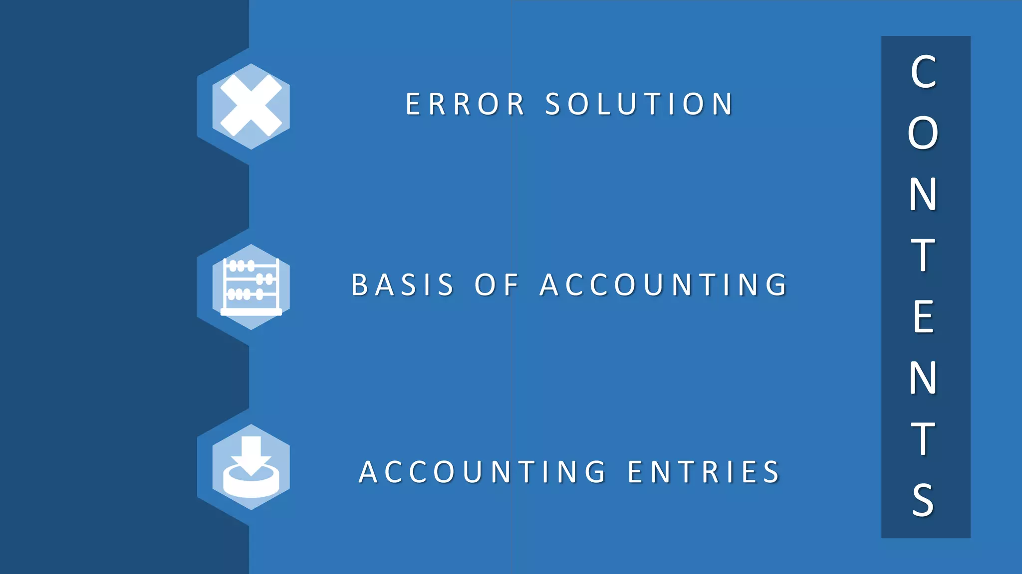 C
O
N
T
E
N
T
S
E R R O R S O L U T I O N
B A S I S O F A C C O U N T I N G
A C C O U N T I N G E N T R I E S
 
