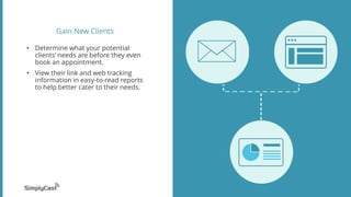 Gain New Clients
• Determine what your potential
clients’ needs are before they even
book an appointment.
• View their link and web tracking
information in easy-to-read reports
to help better cater to their needs.
 