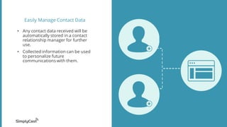 Easily Manage Contact Data
• Any contact data received will be
automatically stored in a contact
relationship manager for further
use.
• Collected information can be used
to personalize future
communications with them.
 