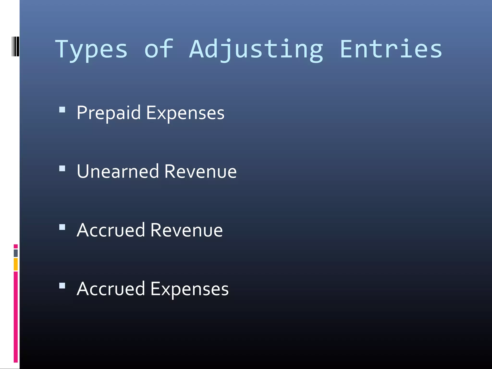 Types of Adjusting Entries
 Prepaid Expenses
 Unearned Revenue
 Accrued Revenue
 Accrued Expenses
 