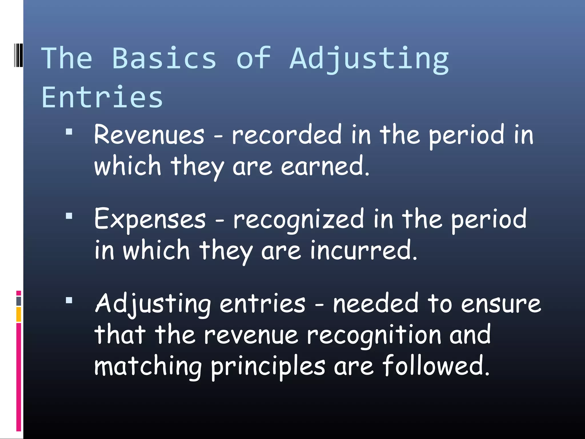 The Basics of Adjusting
Entries
 Revenues - recorded in the period in
which they are earned.
 Expenses - recognized in the period
in which they are incurred.
 Adjusting entries - needed to ensure
that the revenue recognition and
matching principles are followed.
 