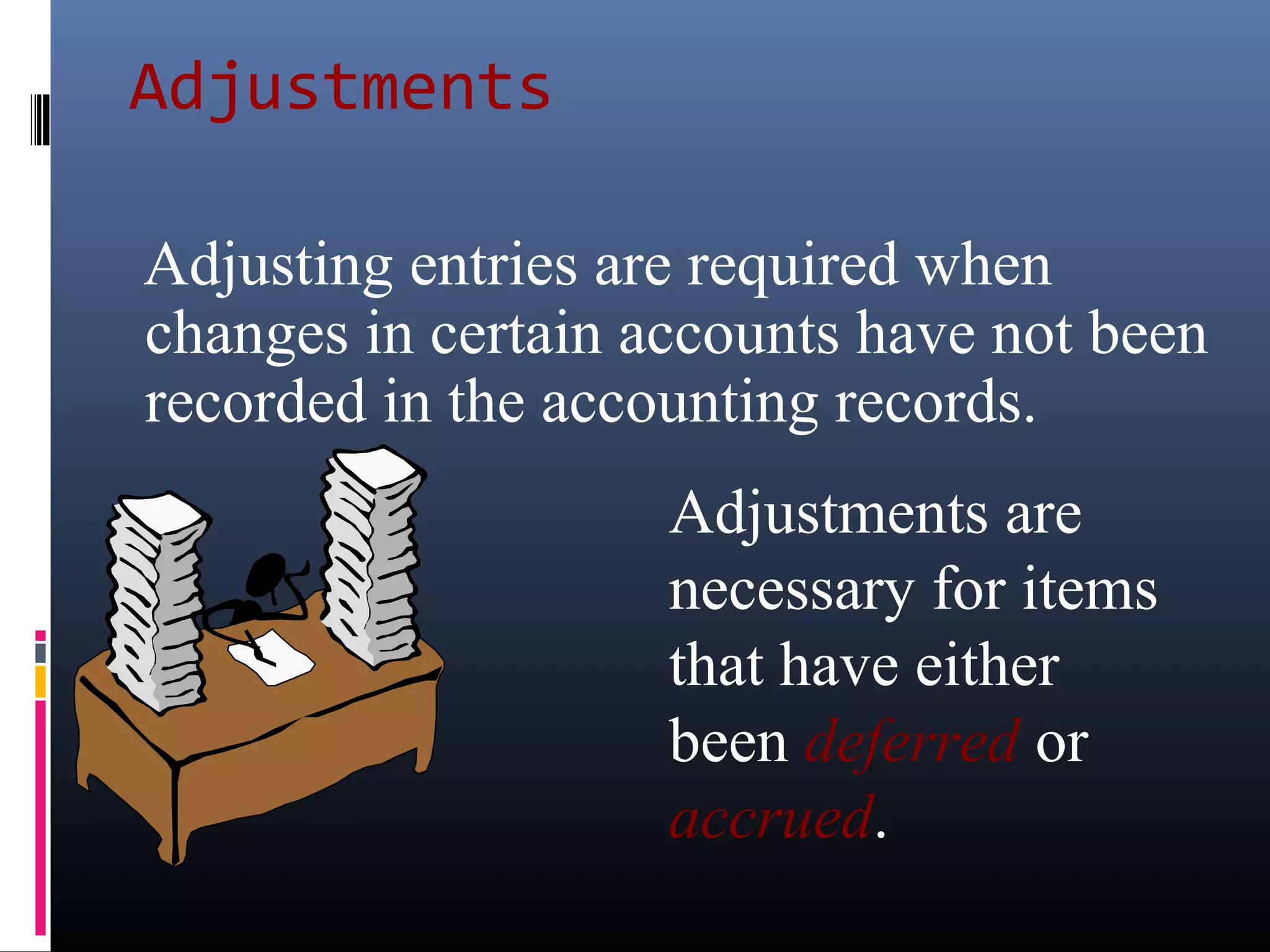 Adjustments
Adjusting entries are required when
changes in certain accounts have not been
recorded in the accounting records.
Adjustments are
necessary for items
that have either
been deferred or
accrued.
 
