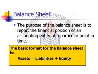 Balance Sheet
 The purpose of the balance sheet is to
report the financial position of an
accounting entity at a particular point in
time.
The basic format for the balance sheet
is:
Assets = Liabilities + Equity
 