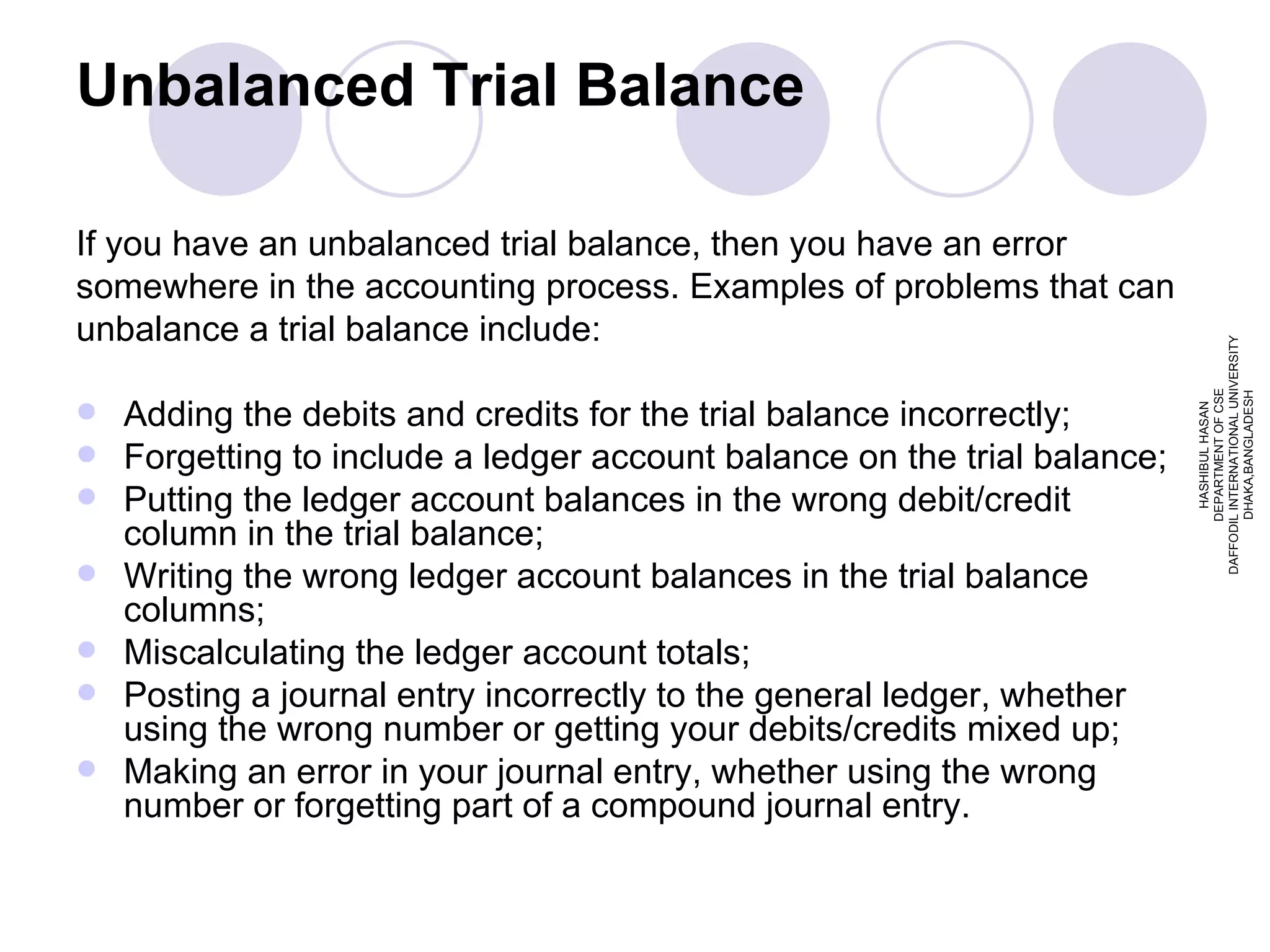 Unbalanced Trial Balance If you have an unbalanced trial balance, then you have an error somewhere in the accounting process. Examples of problems that can unbalance a trial balance include: Adding the debits and credits for the trial balance incorrectly; Forgetting to include a ledger account balance on the trial balance; Putting the ledger account balances in the wrong debit/credit column in the trial balance; Writing the wrong ledger account balances in the trial balance columns; Miscalculating the ledger account totals; Posting a journal entry incorrectly to the general ledger, whether using the wrong number or getting your debits/credits mixed up; Making an error in your journal entry, whether using the wrong number or forgetting part of a compound journal entry. HASHIBUL HASAN DEPARTMENT OF CSE DAFFODIL INTERNATIONAL UNIVERSITY DHAKA,BANGLADESH 