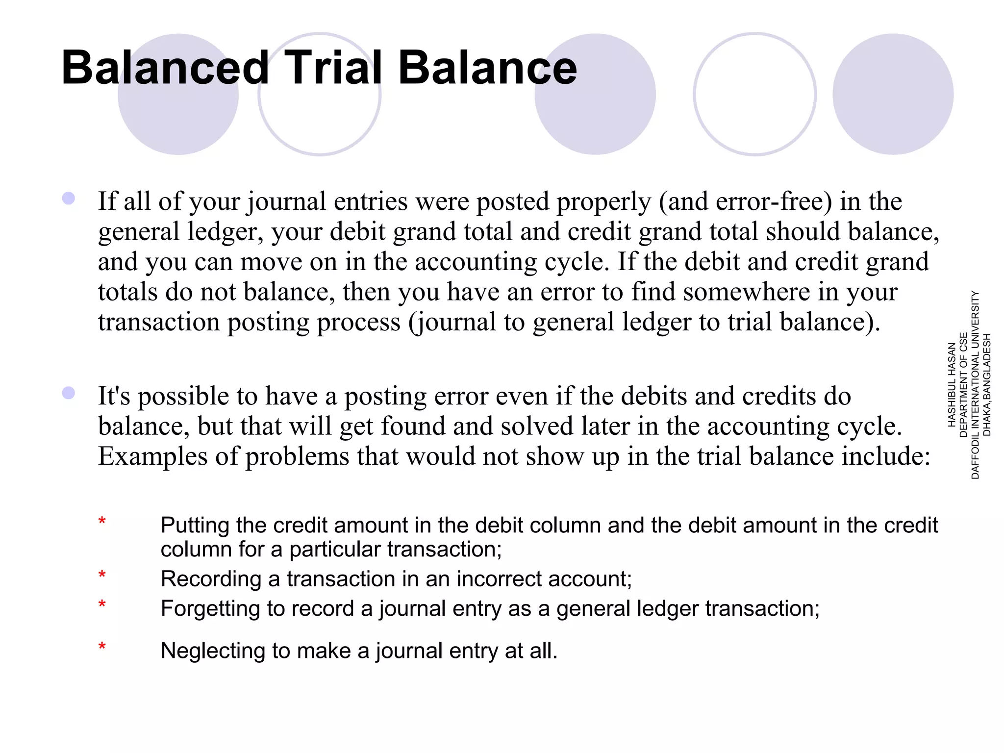 Balanced Trial Balance If all of your journal entries were posted properly (and error-free) in the general ledger, your debit grand total and credit grand total should balance, and you can move on in the accounting cycle. If the debit and credit grand totals do not balance, then you have an error to find somewhere in your transaction posting process (journal to general ledger to trial balance). It's possible to have a posting error even if the debits and credits do balance, but that will get found and solved later in the accounting cycle. Examples of problems that would not show up in the trial balance include: * Putting the credit amount in the debit column and the debit amount in the credit  column for a particular transaction; * Recording a transaction in an incorrect account; * Forgetting to record a journal entry as a general ledger transaction; * Neglecting to make a journal entry at all.   HASHIBUL HASAN DEPARTMENT OF CSE DAFFODIL INTERNATIONAL UNIVERSITY DHAKA,BANGLADESH 