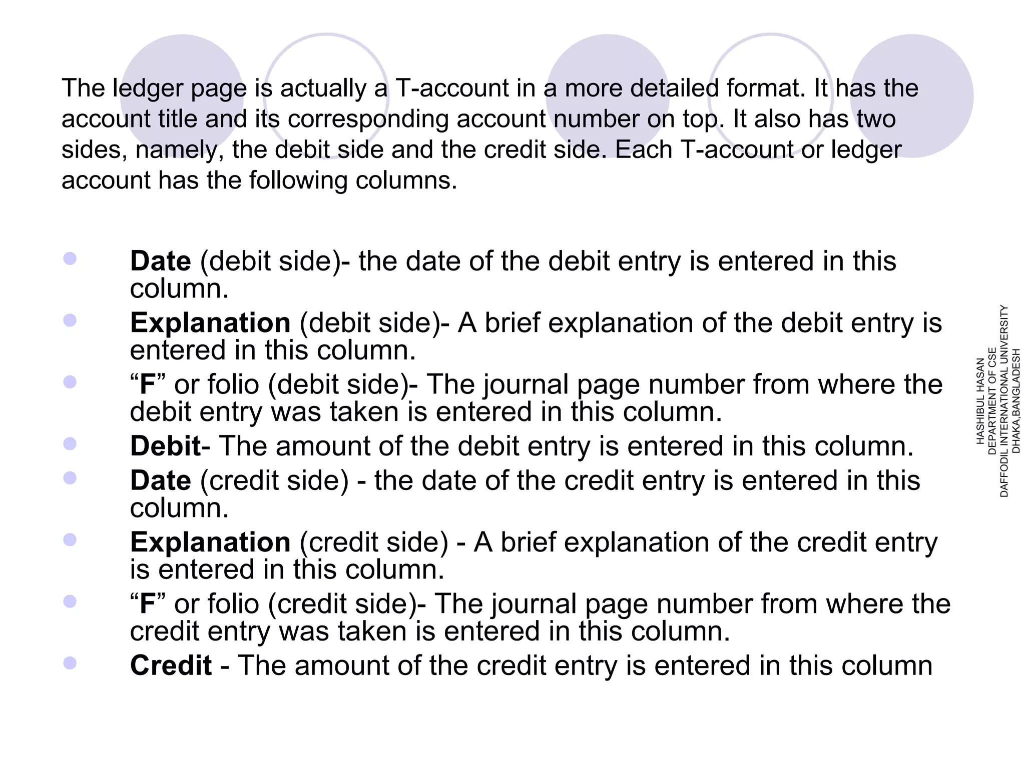 The ledger page is actually a T-account in a more detailed format. It has the account title and its corresponding account number on top. It also has two sides, namely, the debit side and the credit side. Each T-account or ledger account has the following columns. Date  (debit side)- the date of the debit entry is entered in this column. Explanation  (debit side)- A brief explanation of the debit entry is entered in this column. “ F ” or folio (debit side)- The journal page number from where the debit entry was taken is entered in this column. Debit - The amount of the debit entry is entered in this column. Date  (credit side) - the date of the credit entry is entered in this column. Explanation  (credit side) - A brief explanation of the credit entry is entered in this column. “ F ” or folio (credit side)- The journal page number from where the credit entry was taken is entered in this column. Credit  - The amount of the credit entry is entered in this column  HASHIBUL HASAN DEPARTMENT OF CSE DAFFODIL INTERNATIONAL UNIVERSITY DHAKA,BANGLADESH 