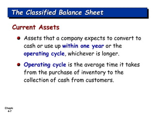 Chapter
4-7
The Classified Balance Sheet
Assets that a company expects to convert to
cash or use up within one year or the
operating cycle, whichever is longer.
Operating cycle is the average time it takes
from the purchase of inventory to the
collection of cash from customers.
Current Assets
 