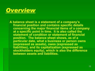 Overview A balance sheet is a statement of a company’s financial position and contains specific details concerning the major financial items of a company at a specific point in time.  It is also called the statement of condition or statement of financial position.  The balance sheet shows, as of a particular date, what a business or person owns (expressed as assets), owes (expressed as liabilities), and its capitalization (expressed as stockholders equity), which is also the difference between assets and liabilities. 