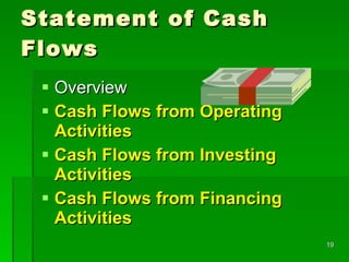 Statement of Cash Flows Overview Cash Flows from Operating Activities Cash Flows from Investing Activities Cash Flows from Financing Activities 