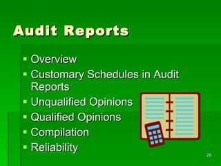 Audit Reports Overview Customary Schedules in Audit Reports Unqualified Opinions Qualified Opinions Compilation Reliability 