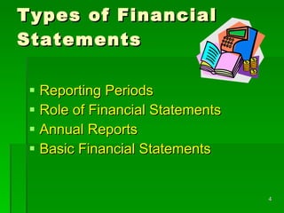 Types of Financial Statements Reporting Periods Role of Financial Statements Annual Reports Basic Financial Statements 