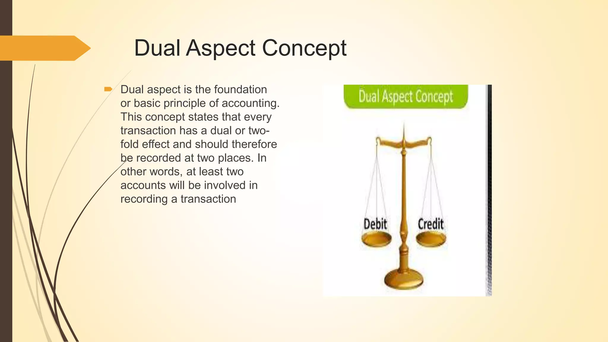 Dual Aspect Concept
 Dual aspect is the foundation
or basic principle of accounting.
This concept states that every
transaction has a dual or two-
fold effect and should therefore
be recorded at two places. In
other words, at least two
accounts will be involved in
recording a transaction
 