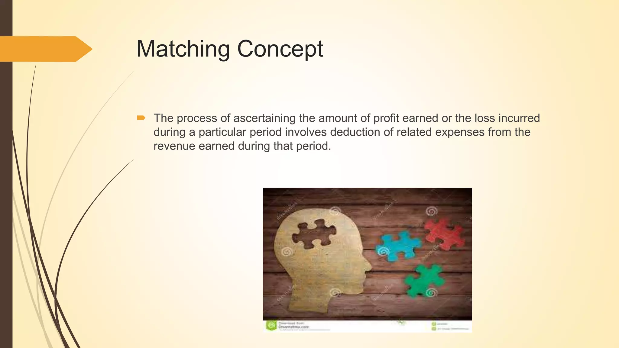 Matching Concept
 The process of ascertaining the amount of profit earned or the loss incurred
during a particular period involves deduction of related expenses from the
revenue earned during that period.
 