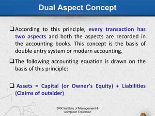 Dual Aspect Concept
According to this principle, every transaction has
two aspects and both the aspects are recorded in
the accounting books. This concept is the basis of
double entry system or modern accounting.
The following accounting equation is drawn on the
basis of this principle:
 Assets = Capital (or Owner’s Equity) + Liabilities
(Claims of outsider)
SRK Institute of Management &
Computer Education
 