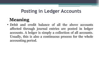Posting in Ledger Accounts
Meaning
• Debit and credit balance of all the above accounts
affected through journal entries are posted in ledger
accounts. A ledger is simply a collection of all accounts.
Usually, this is also a continuous process for the whole
accounting period.
 